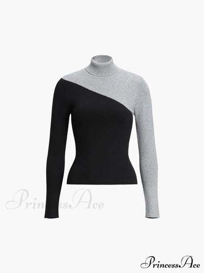 Asymmetric Patchwork Long Sleeve Modern Mock Neck Knit Top