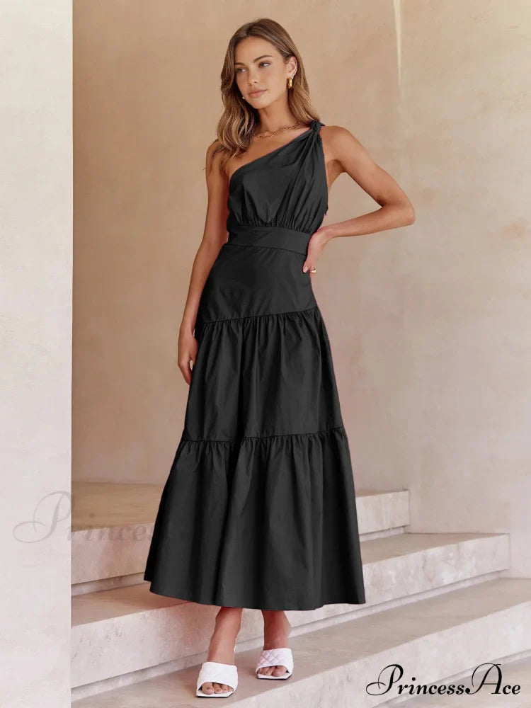 Asymmetric Shoulder Graceful Knotted Midi Dress