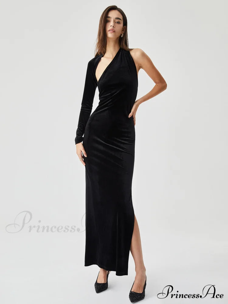Asymmetric Sleeve Velvet Slit Modern Open Back Long Dress