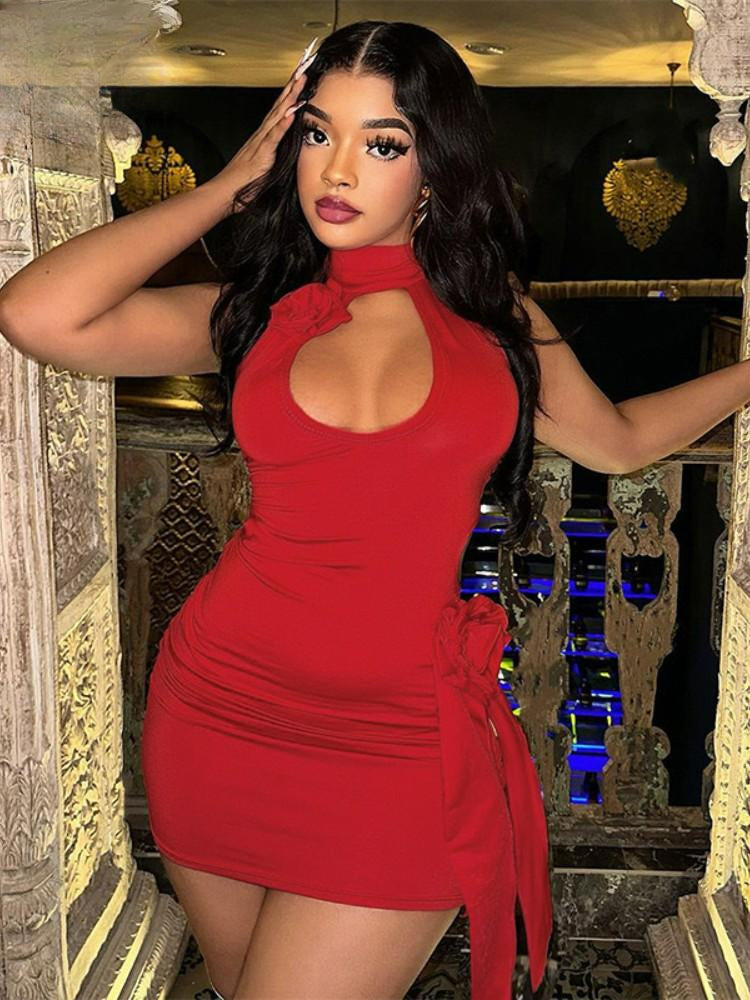 3D Flower Decoration Red Vacation Dresses Sexy Hollow Backless Bodycon Party Dress