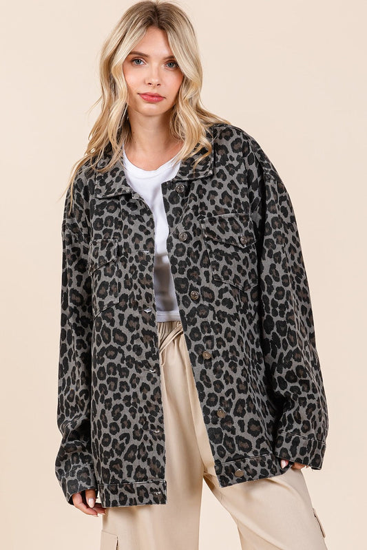 Geraldine | Mittoshop leopard denim jacket with buttons and chest pockets