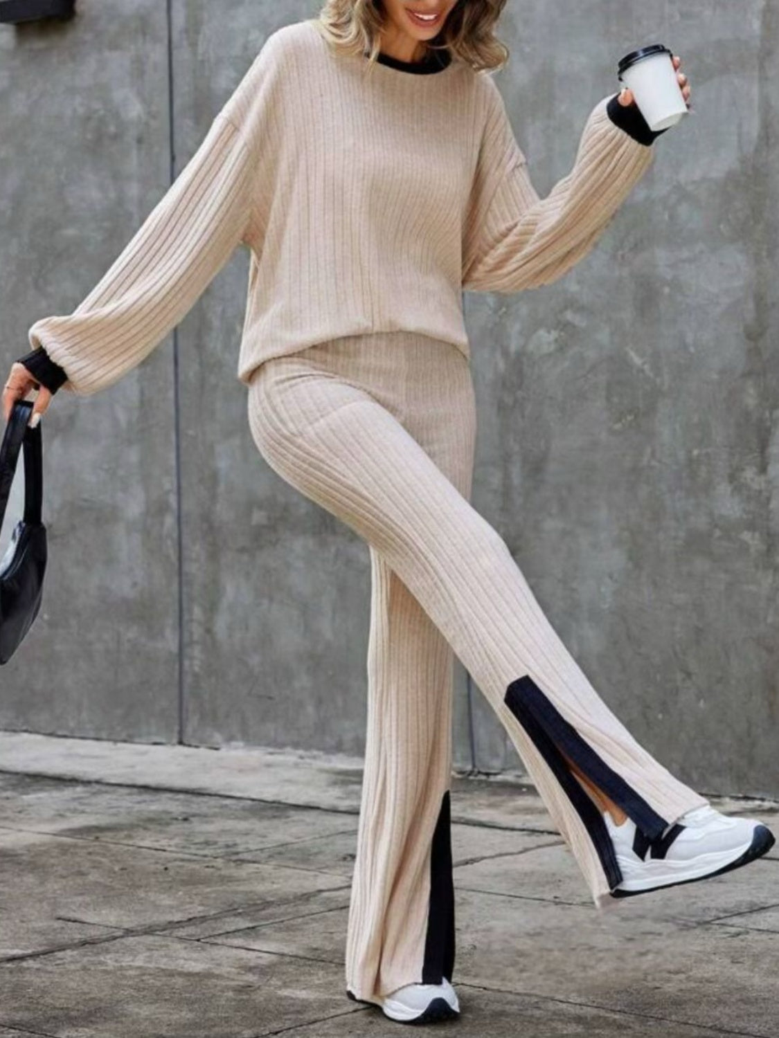 Wilma | Contrast crew neck long sleeve top and bootcut trousers set