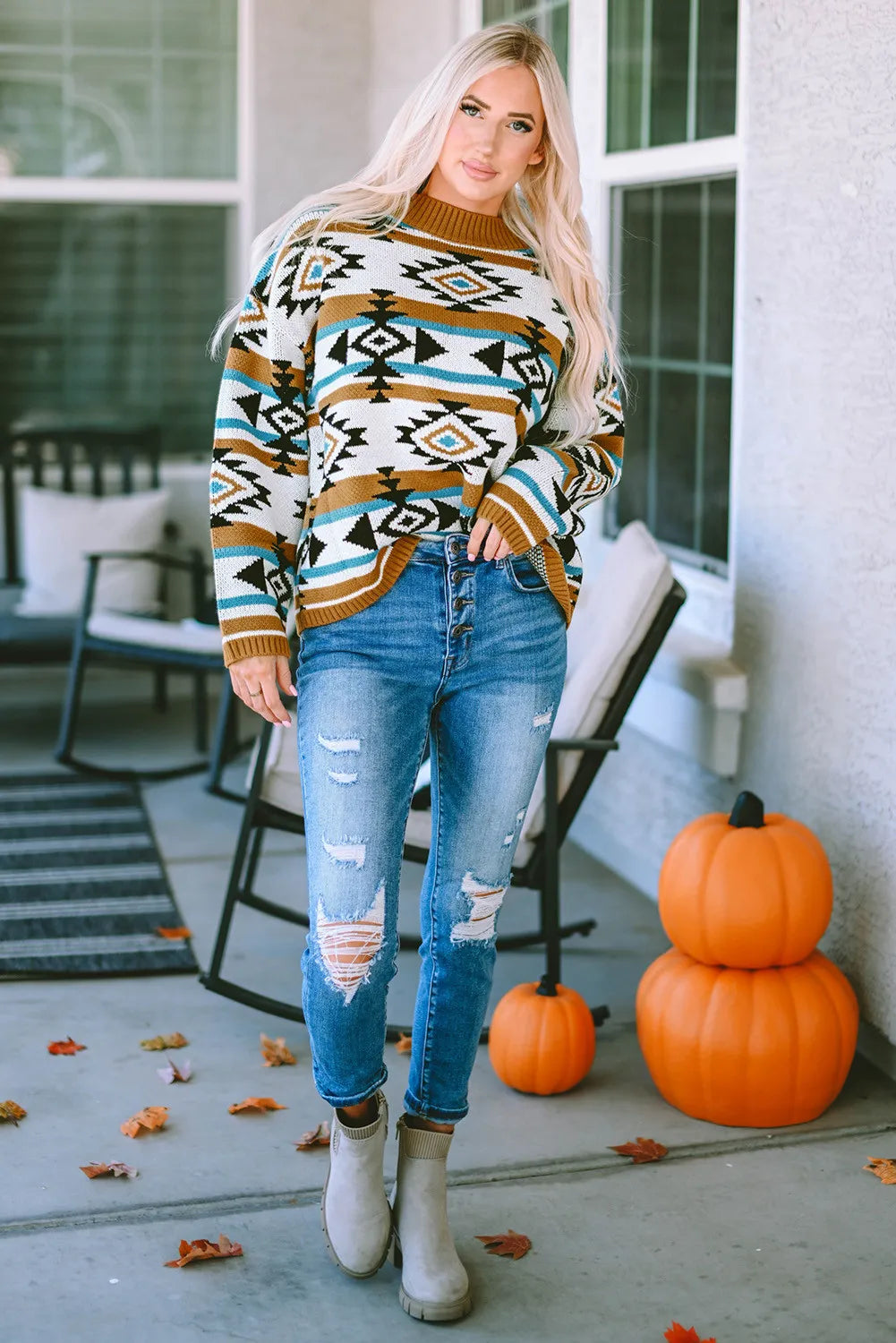 Stefanie | Full size long sleeve geometric crew neck sweater