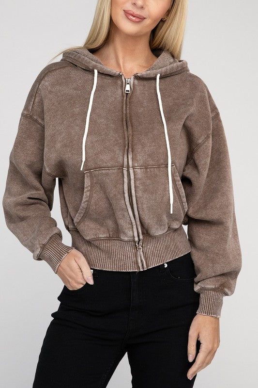 Fabiana | Cropped acid wash fleece zip-up hoodie