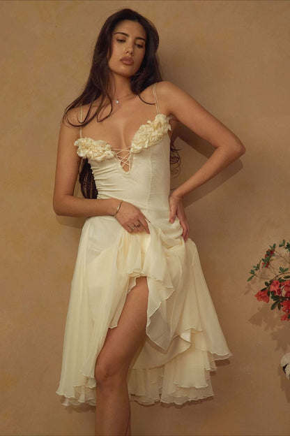 3D Flower Deep V Patchwork Spaghetti Strap Romantic Midi Dress