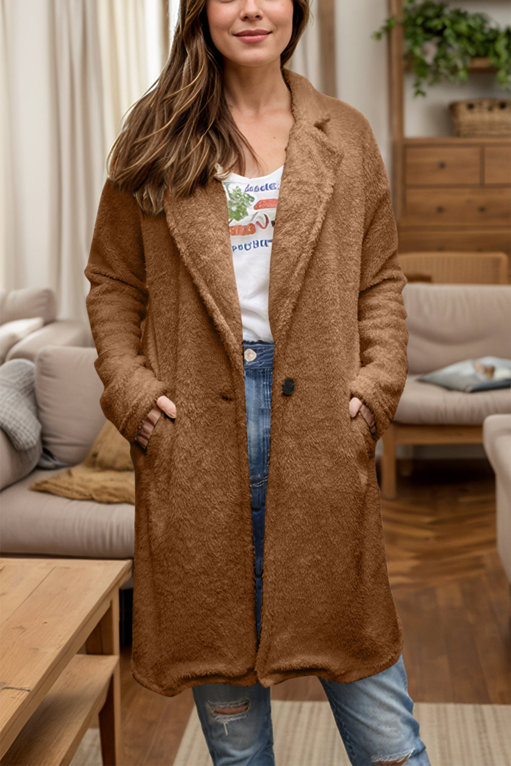 Gertrudis | Full size long sleeve plush one button coat