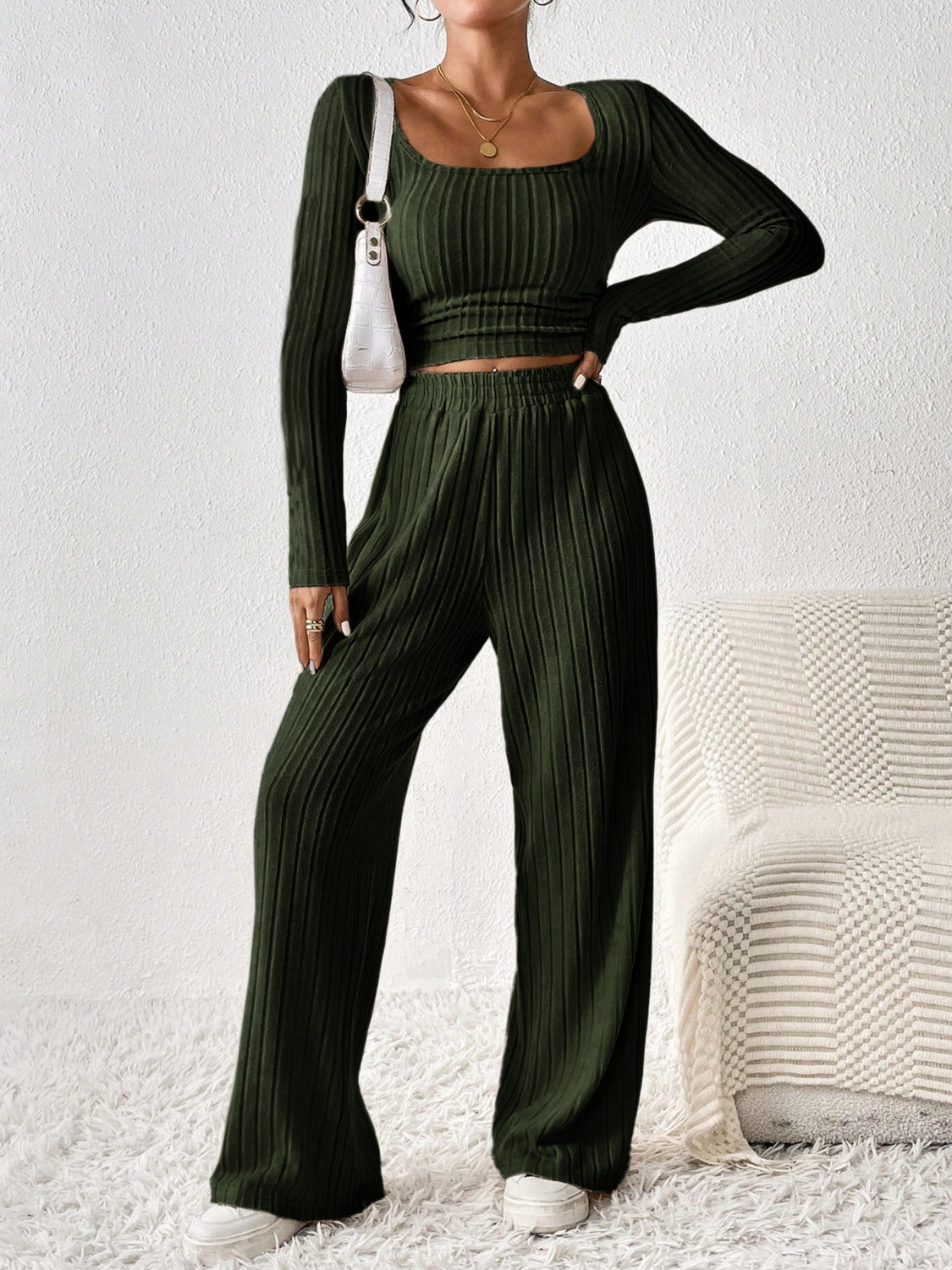Emilie | Long sleeve top and scoop neck trousers set