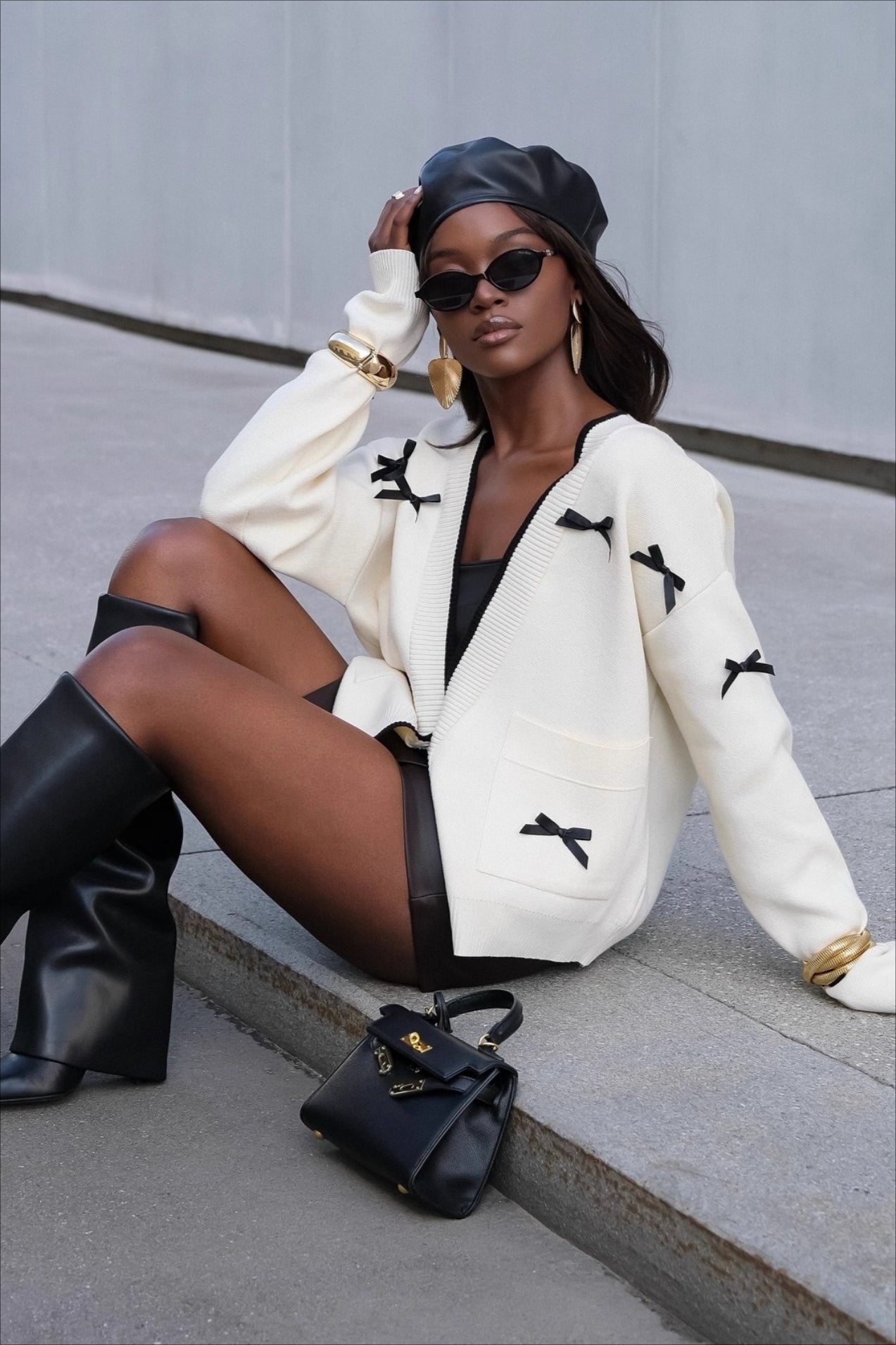 V Neck Bow Color Block Long Sleeve Knit Cardigan