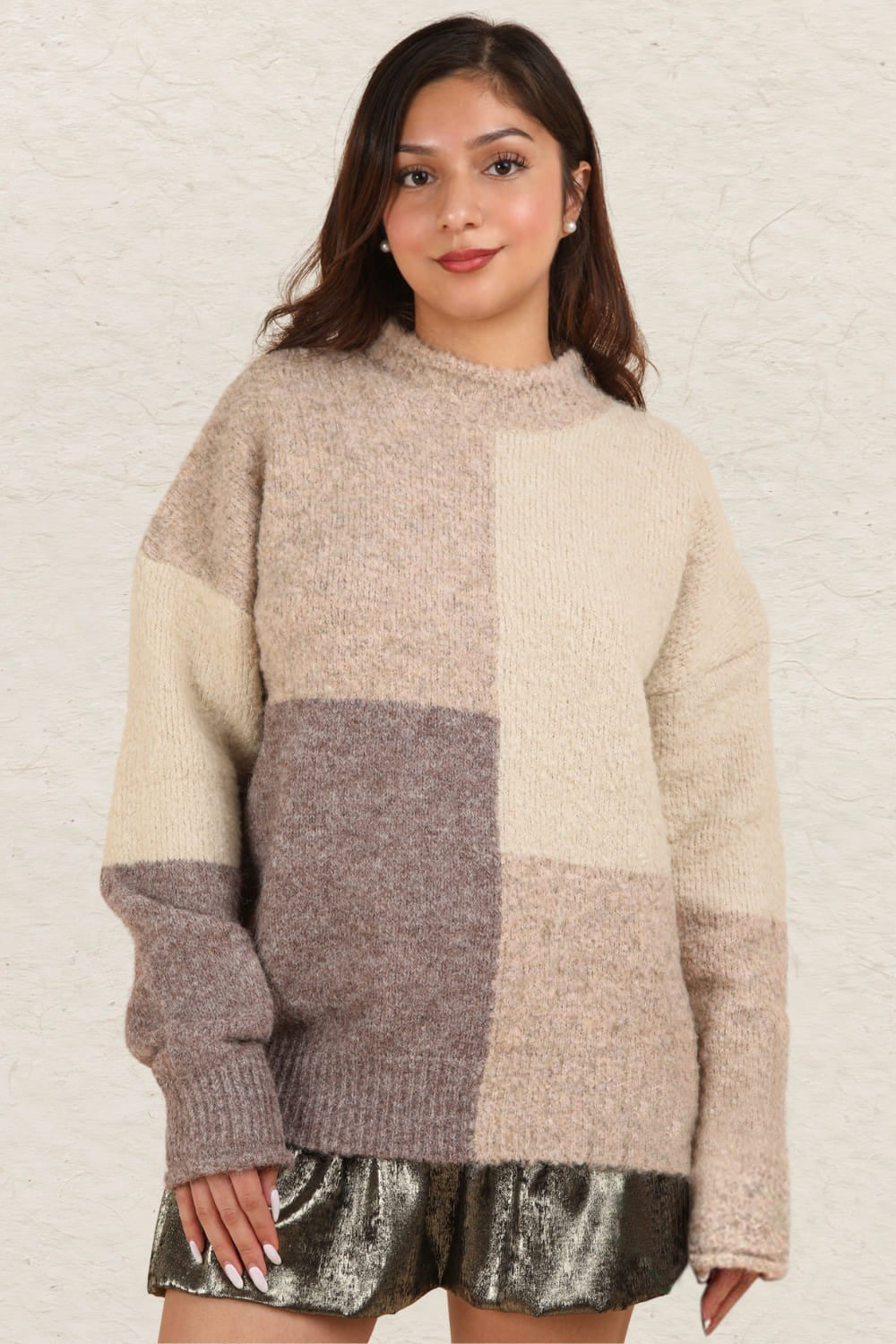 Alessa | Color block sweater with a stand-up collar and dropped shoulders
