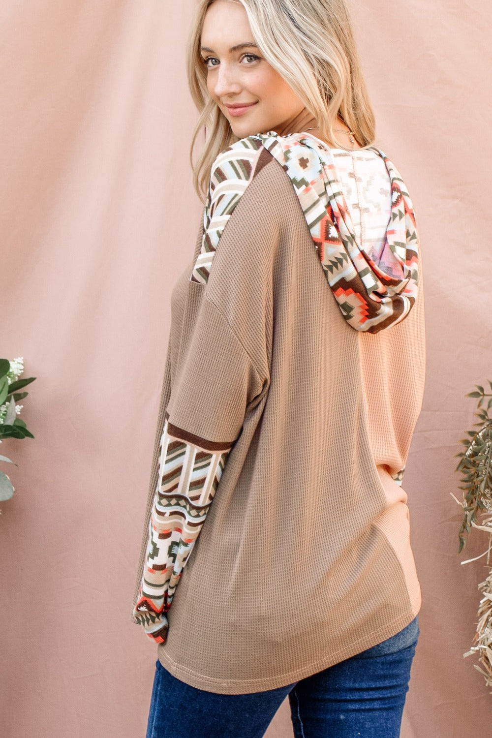 Hanna | And the “Why” printed hooded waffle top with color block design