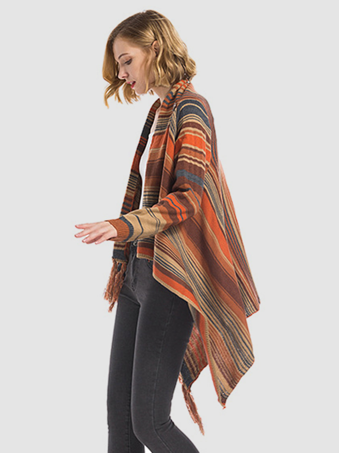 Dagny | Long sleeve cardigan with tassel stripes and open front