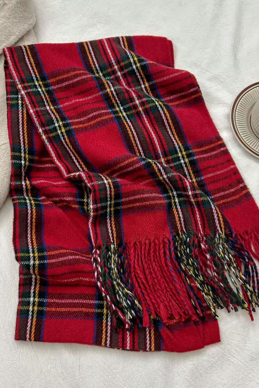 Plaid Fringe Thermal Knit Scarf