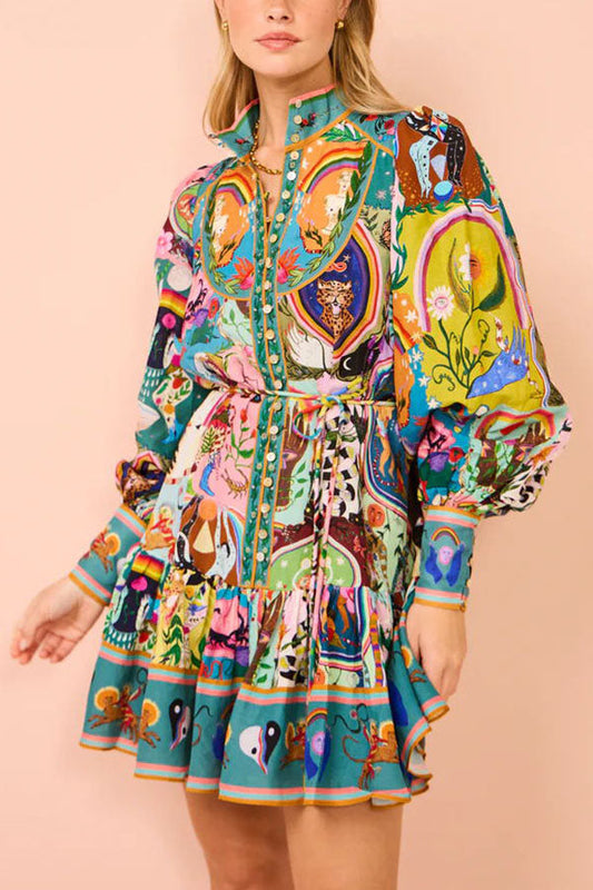 Touch of Luxury Unique Print Balloon Sleeve Button Shirt Mini Dress