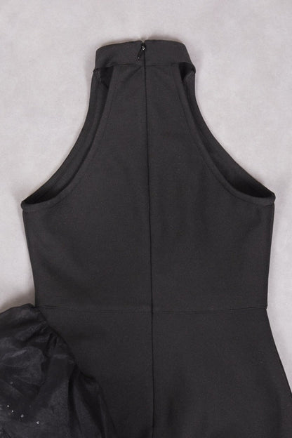 Black Ruffled Mesh Asymmetrical Party Dress