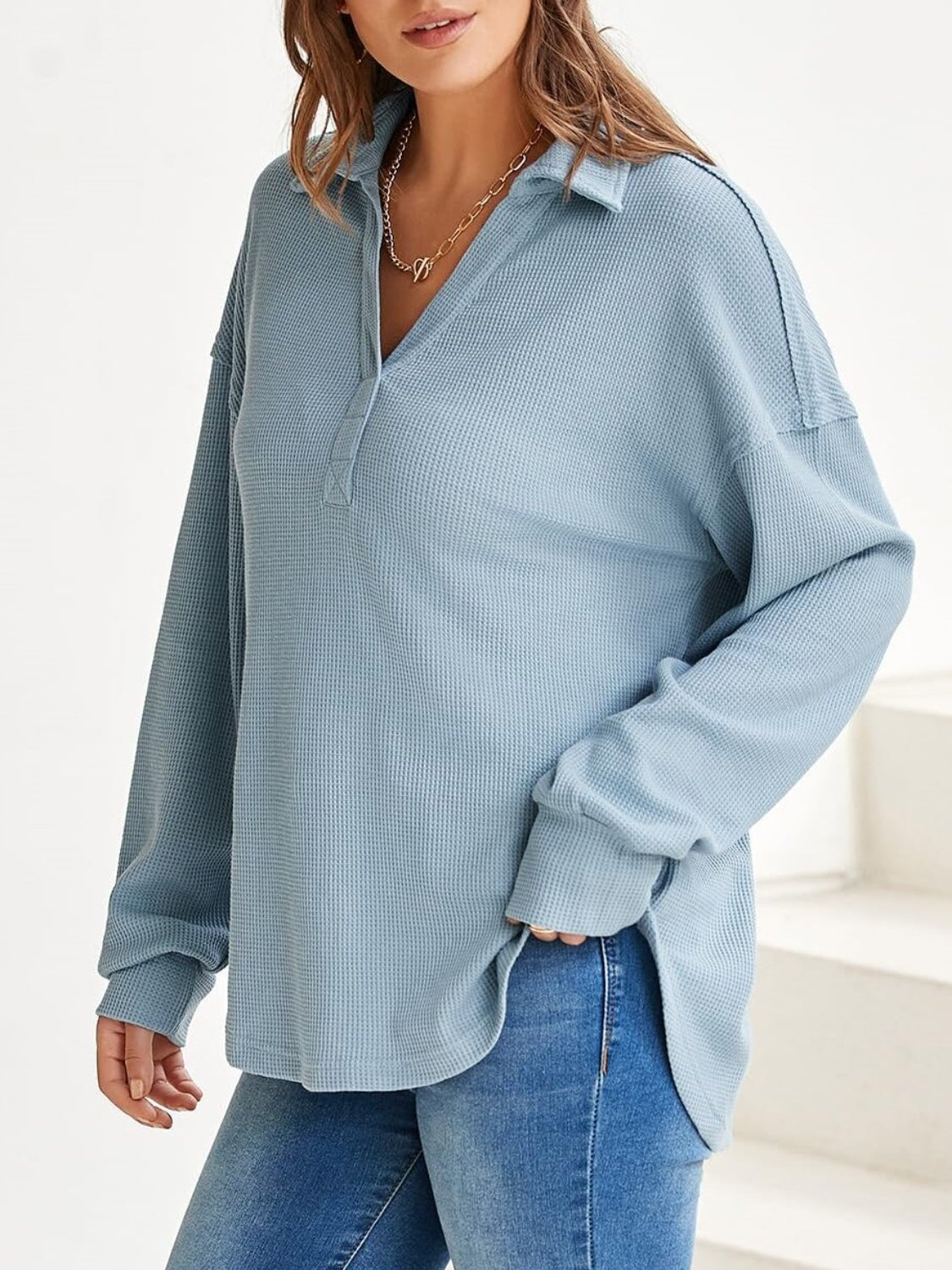 Johanna | Long sleeve waffle knit johnny collar sweatshirt