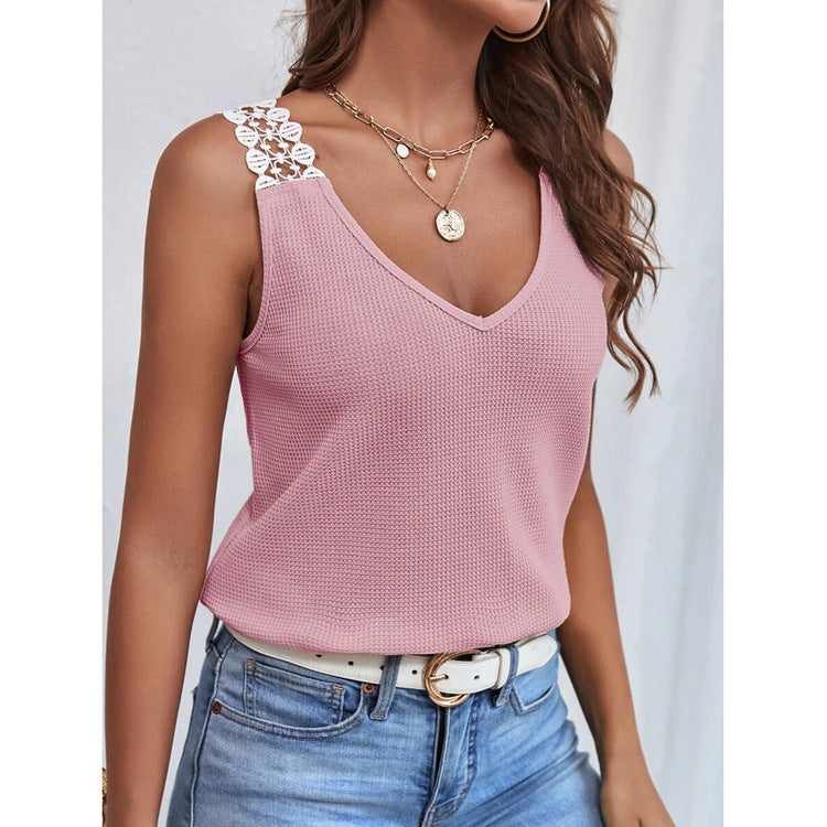 Kimberly® | Waffle V-Neck Vest Sleeveless Lace Tank Shirt Tops Summer
