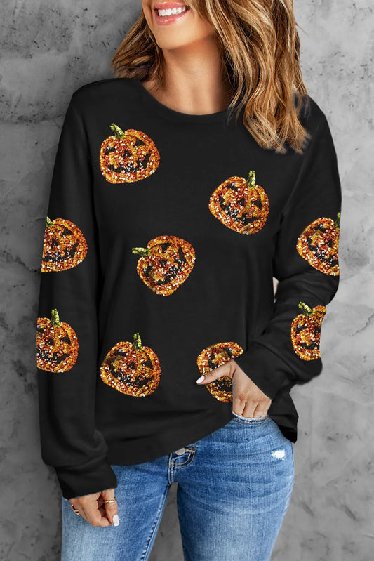 Janine | Sequin pumpkin long sleeve crew neck top