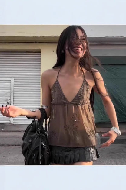 Embroidered Mesh Tank Top with Rhinestones