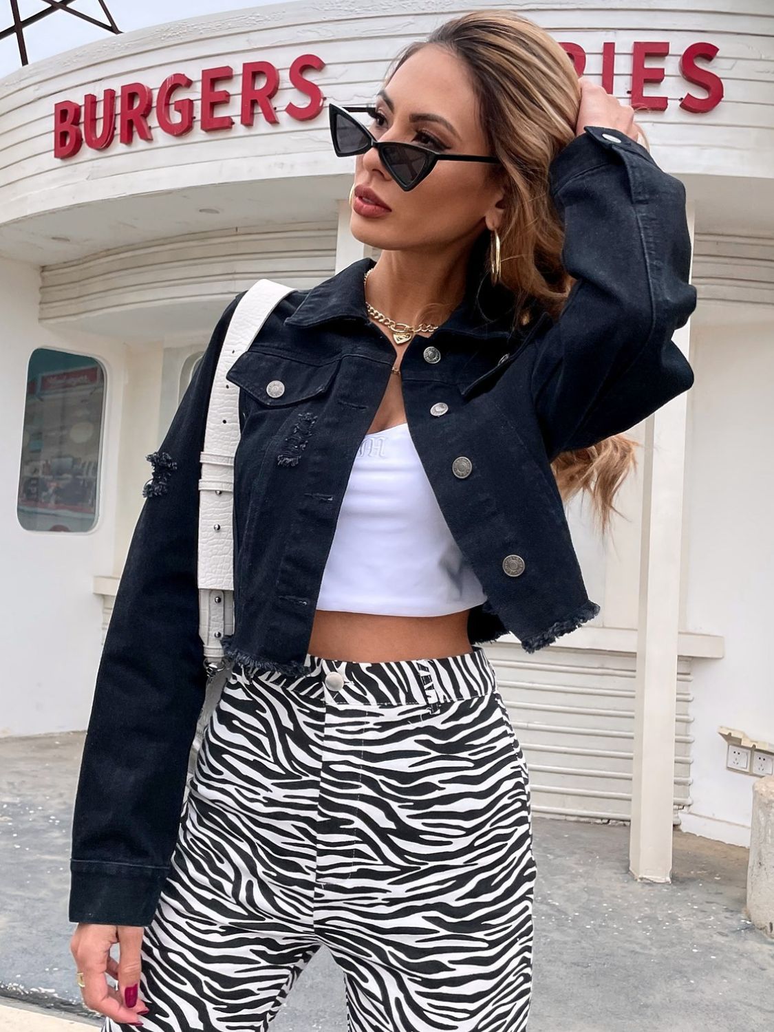 Stefanie | Cropped denim top with raw hem and collar