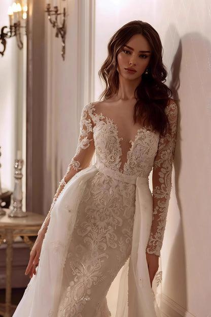 Lace Deep V Mermaid Detachable Train Wedding Dress
