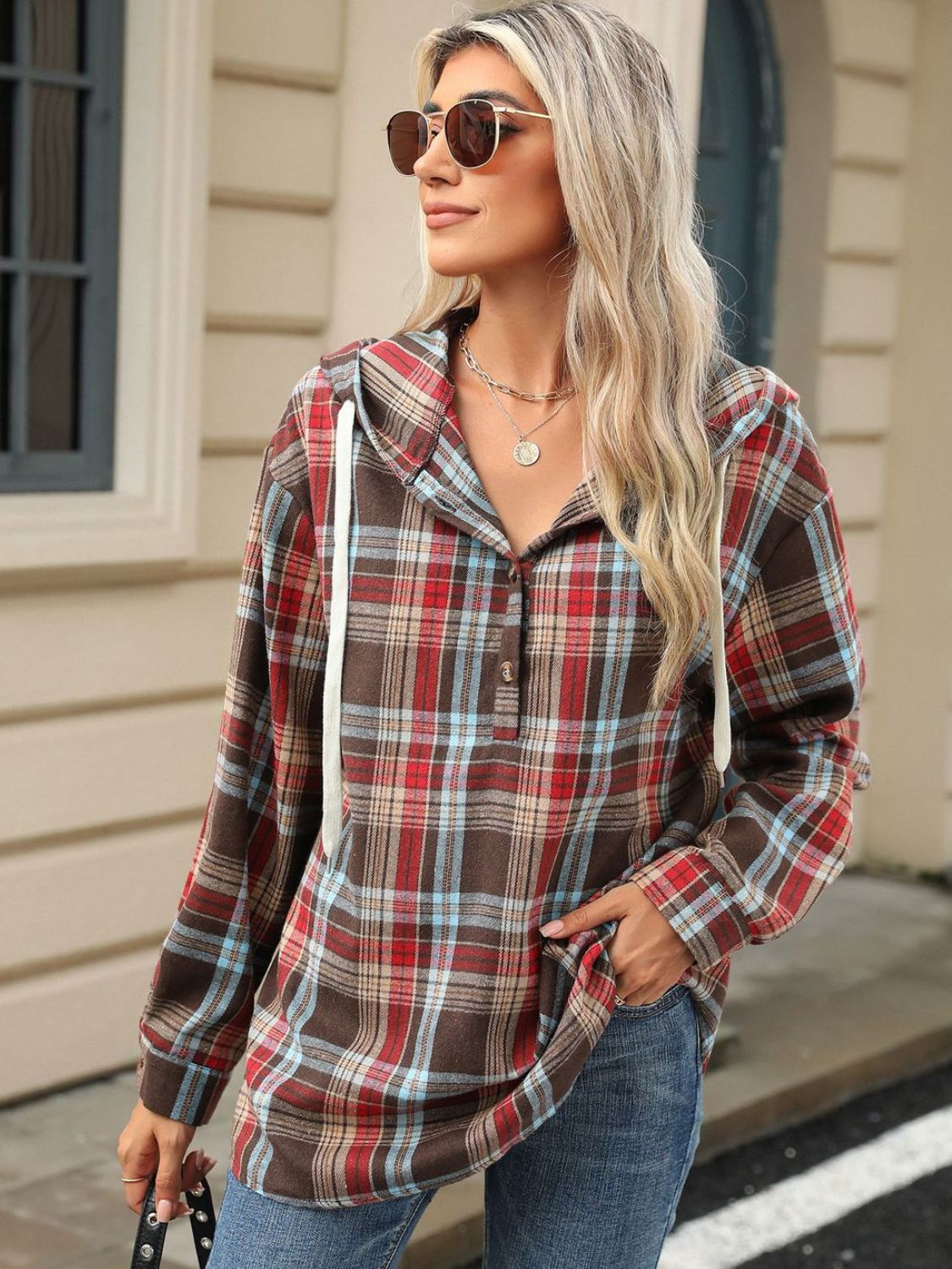 Nathalie | Long sleeve top with drawstring and checked hood