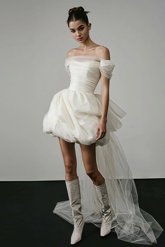 Off Shoulder Minimalist Satin Bud Reception Dress