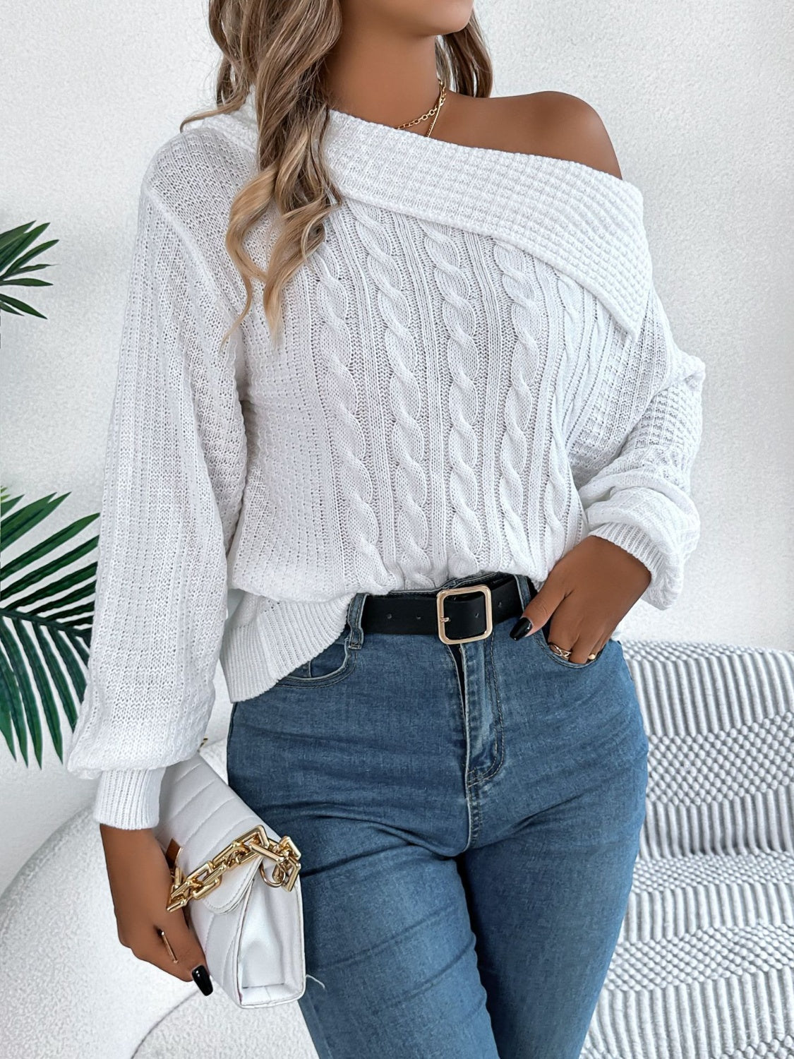 Olivia | Long sleeve cable knit sweater with one shoulder