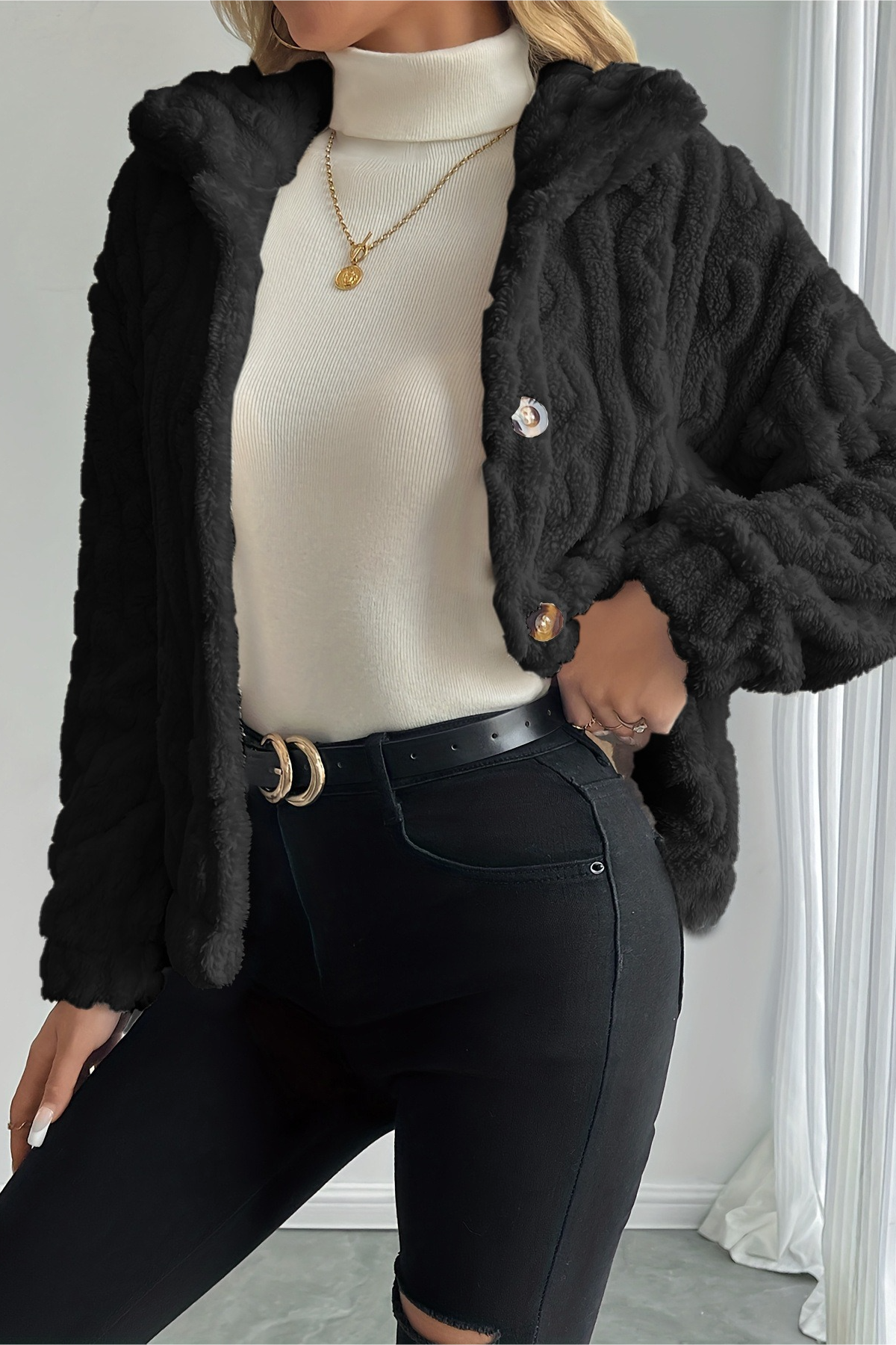 Double Fleece Cable Knit Soft Plush Warm Coat