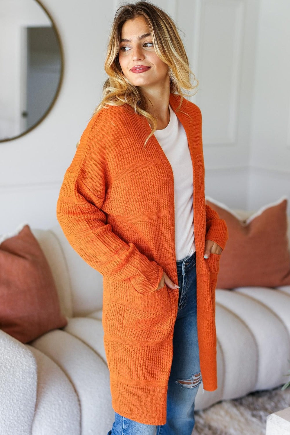 Aneta | Haptics Full Size Striped Textured Open Front Cardigan with Pockets
