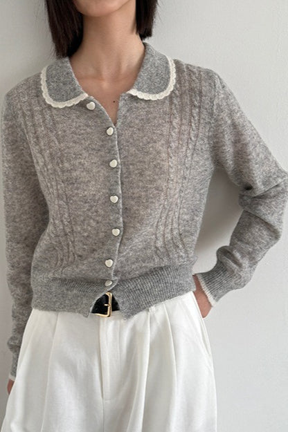 Lace Peter Pan Collar Lightweight Wool Knit Cardigan