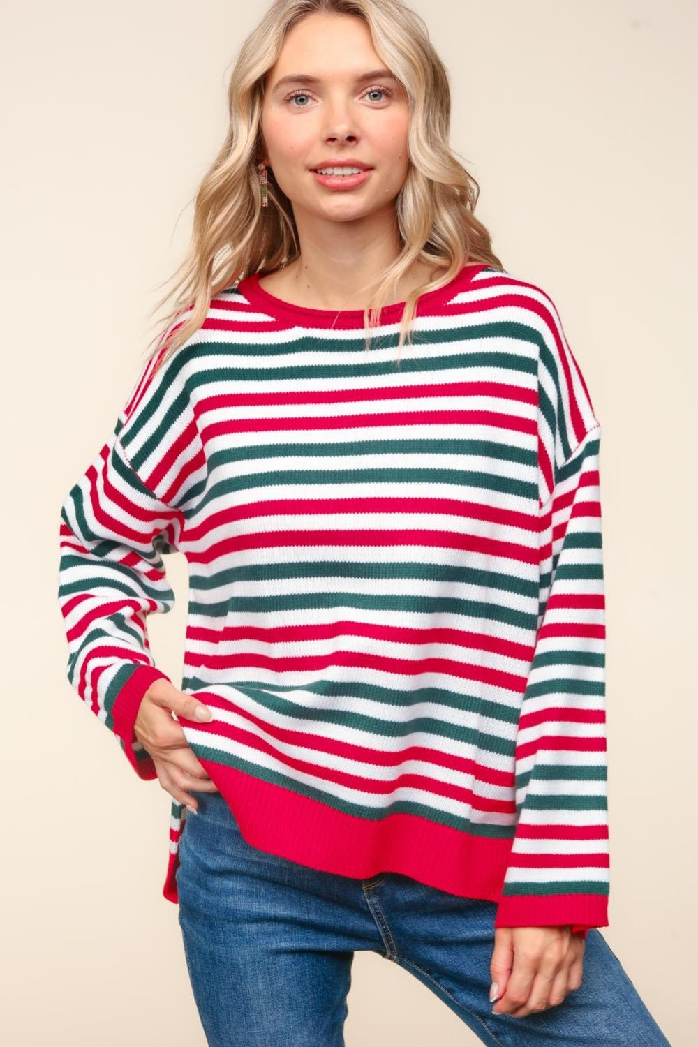 Wendy | Full size Haptics knit top with stripes and contrast side slits