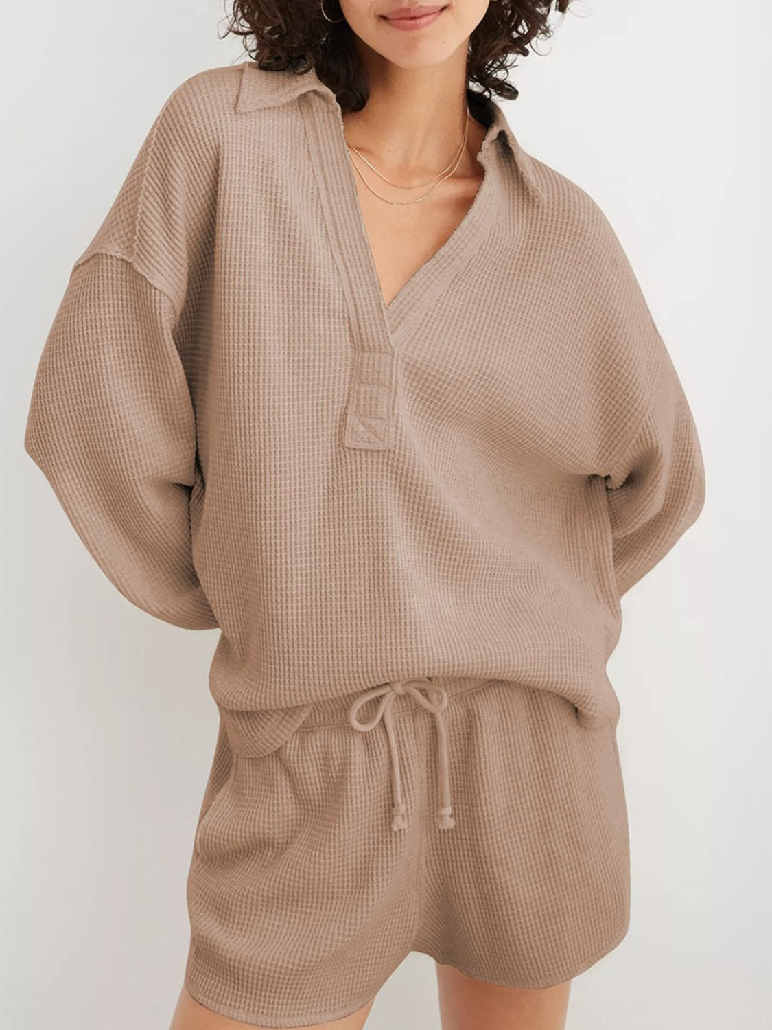 Johanna | Long sleeve waffle knit johnny collar sweatshirt