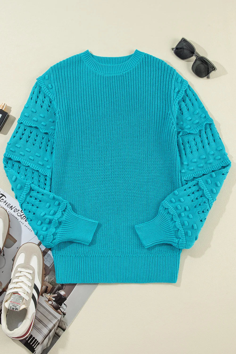 Marion | Long-sleeved sweater with openwork ruffled crew neck