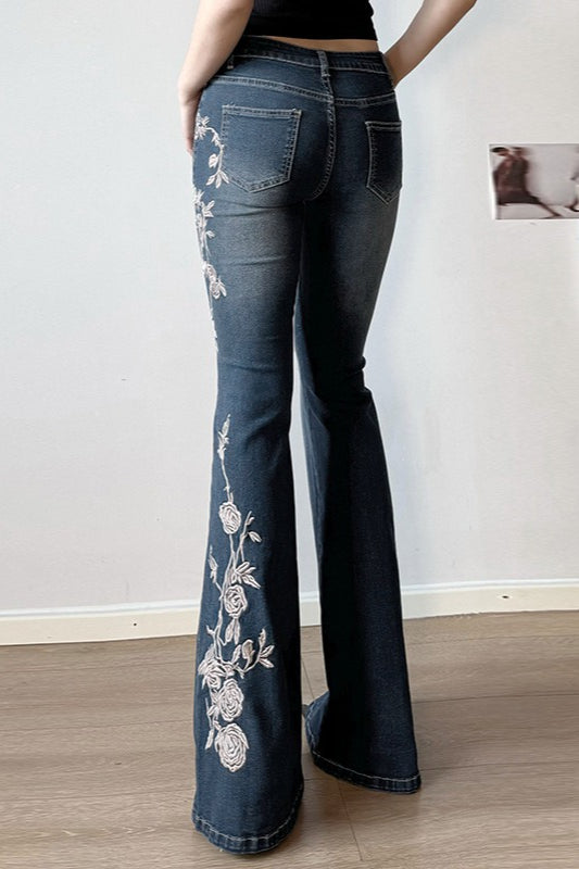 Vintage Gradient Rose Embroidery Bootcut Jeans