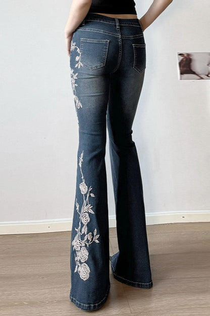 Vintage Gradient Rose Embroidery Bootcut Jeans