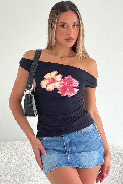 Chic Off Shoulder Floral Print Crop T-shirt