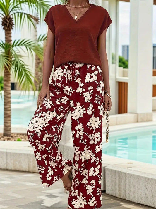 Faith® | Elegant Casual Set Of V-Neck T-Shirt And Floral Pants