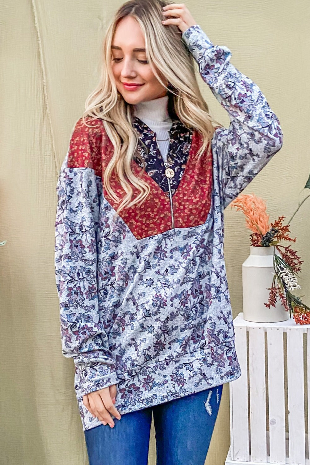 Elfriede | And The Why printed long sleeve half zip hoodie