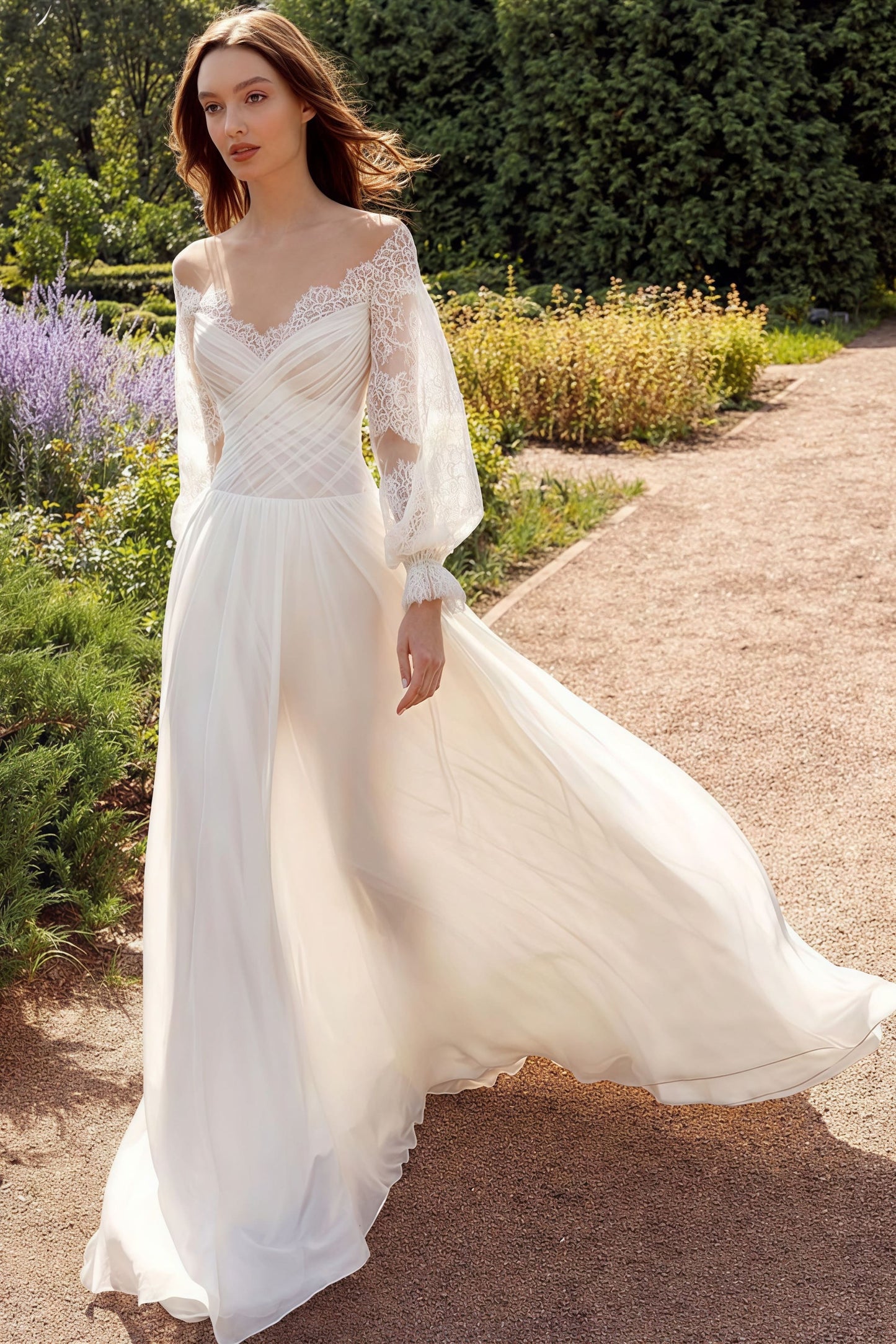 Lace Flowy High Slit Minimalist Reception Dress