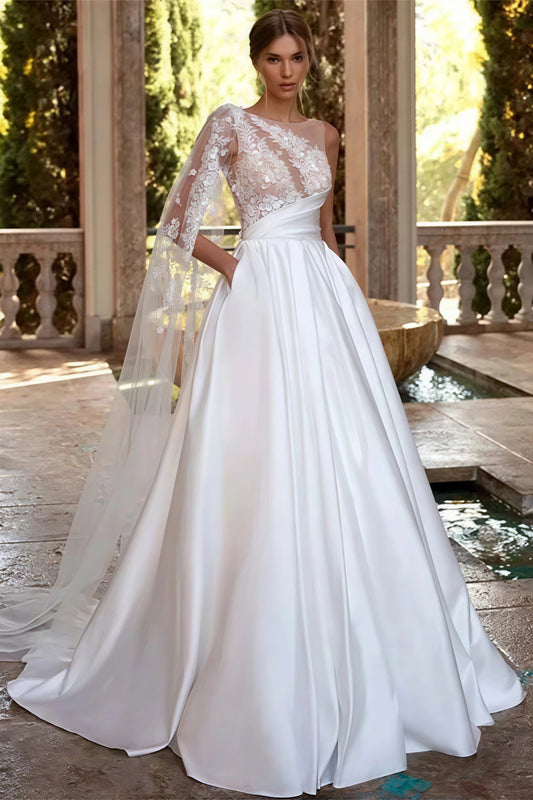 Simple Asymmetrical Shoulder Mesh Applique Train Wedding Dress