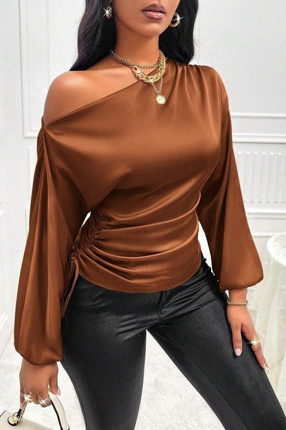 Satin Asymmetric Collar Ruched Waist Long Sleeve Tee