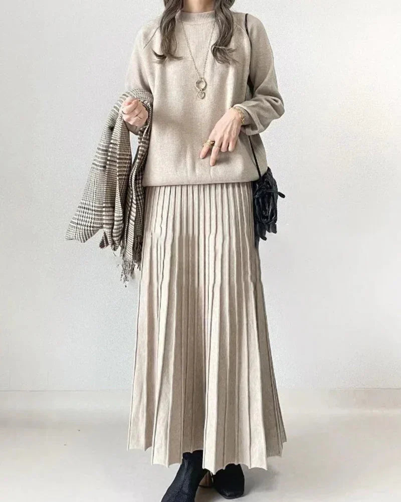 Flora | Solid color long sleeve top and pleated skirts for women