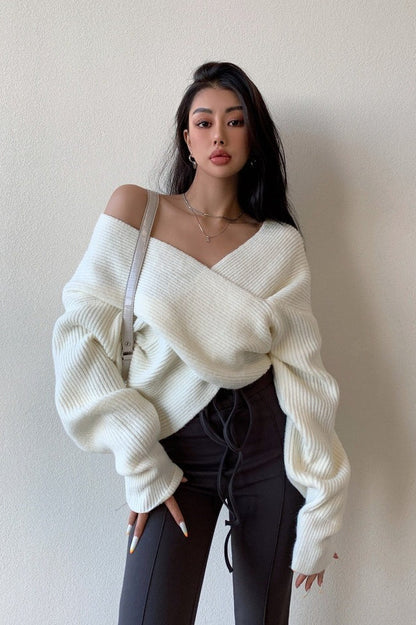 Solid V-Neck Crisscross Cold Shoulder Asymmetric Sweater