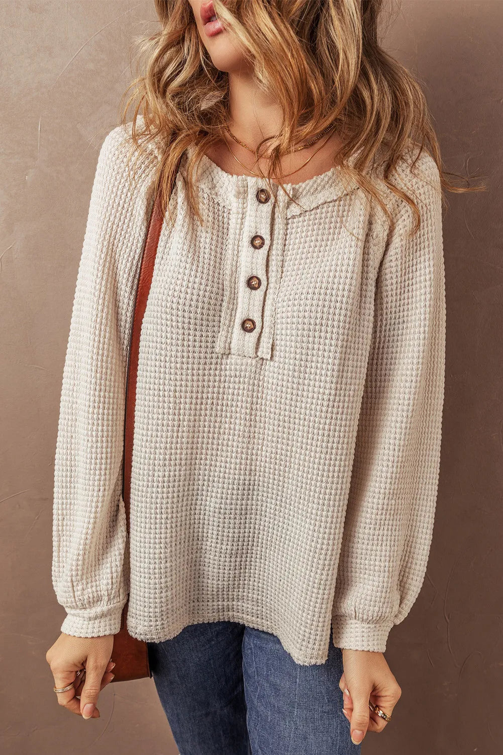 Alina | Half button waffle knit crew neck top