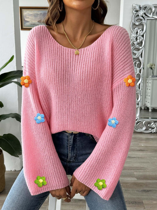Gabriela | Long-sleeved sweater with a floral crew neck