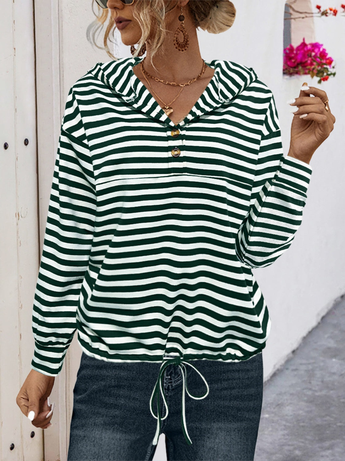 Eliana | Striped drawstring hoodie with long sleeves