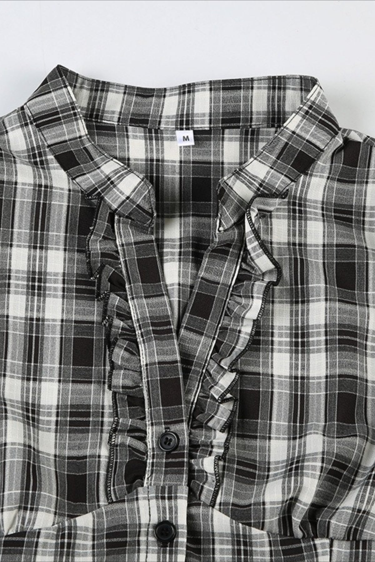 British Plaid Ruffled V Neck Puff Sleeve Blouse