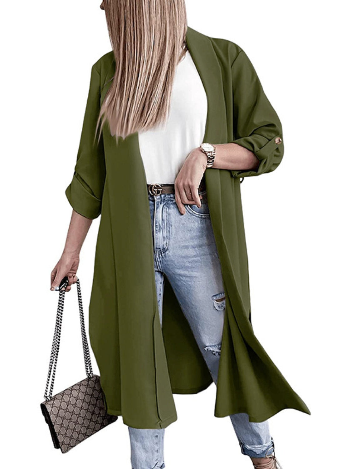 Marianna | Slit trench coat with roll tab sleeves open at the front
