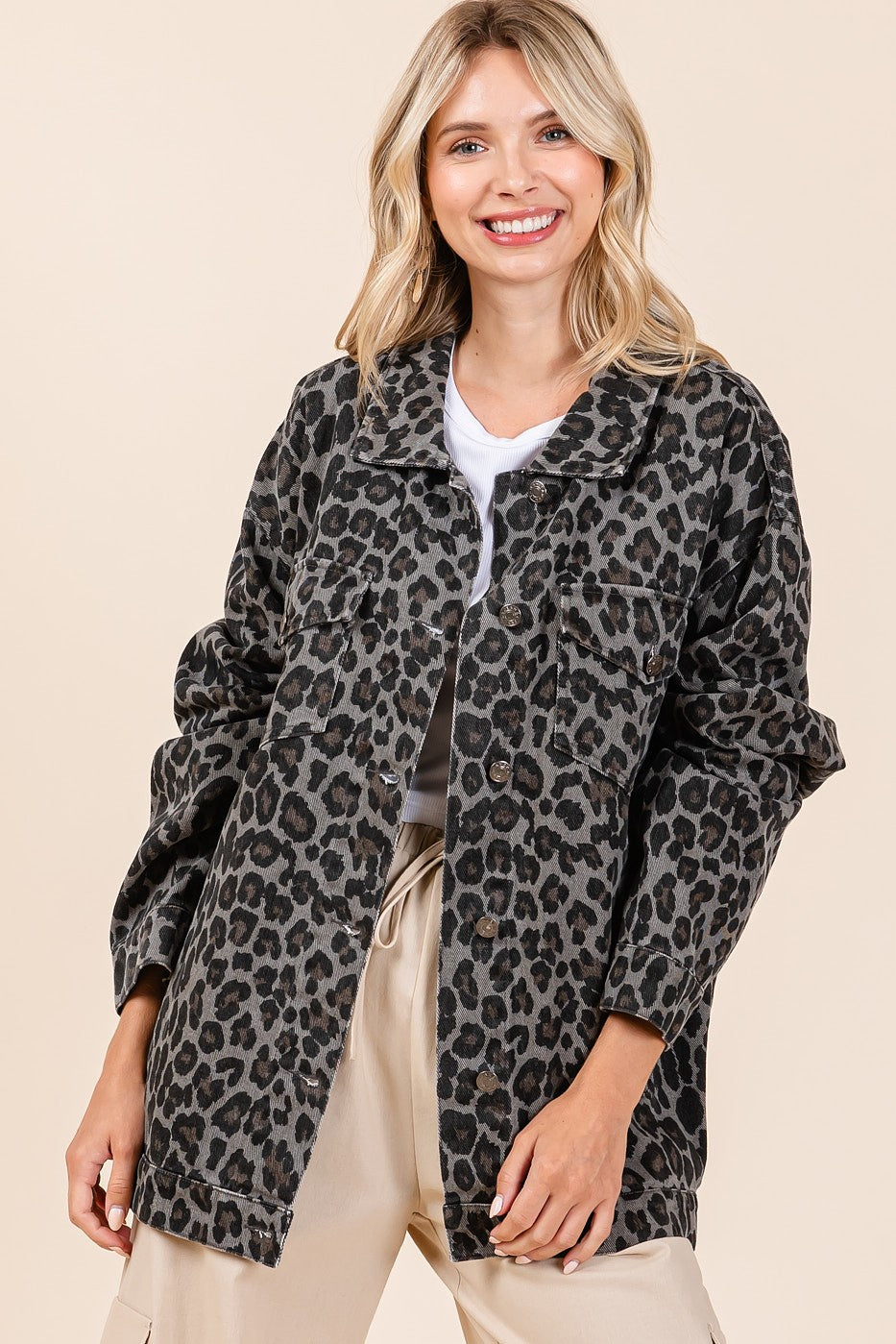 Geraldine | Mittoshop leopard denim jacket with buttons and chest pockets