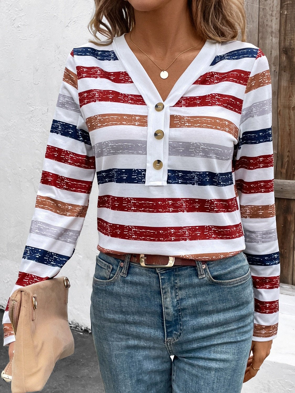 Luna | Contrast striped long sleeve t-shirt with V-neck